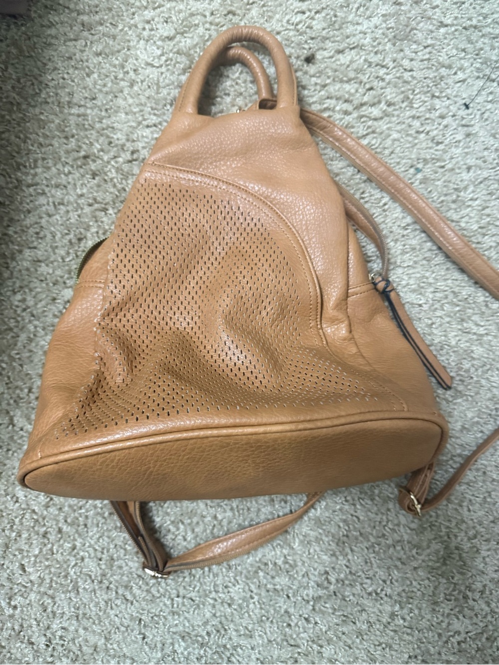 Tan Leather Perforated Backpack Handbag